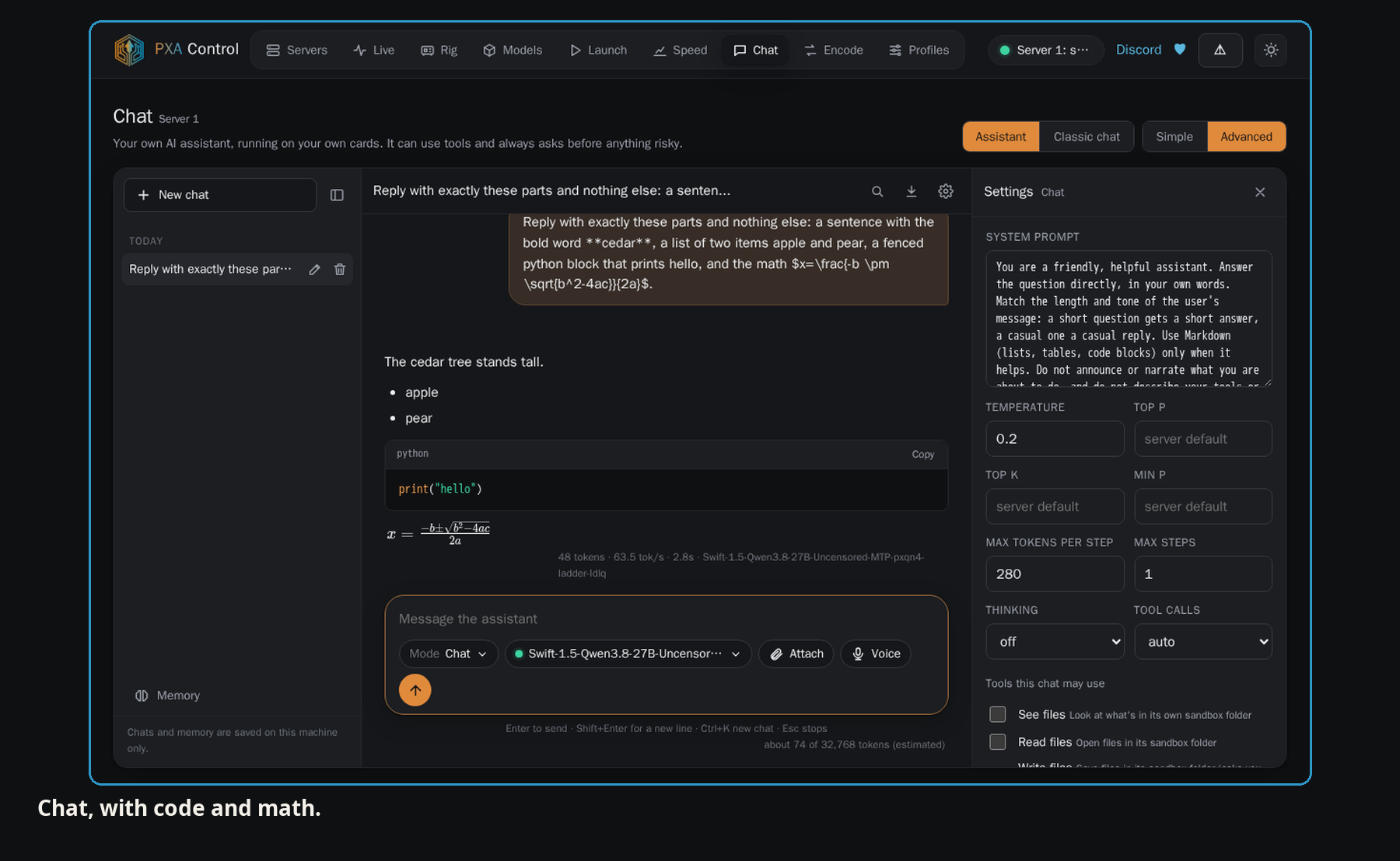Chat reply with a code block and a math expression