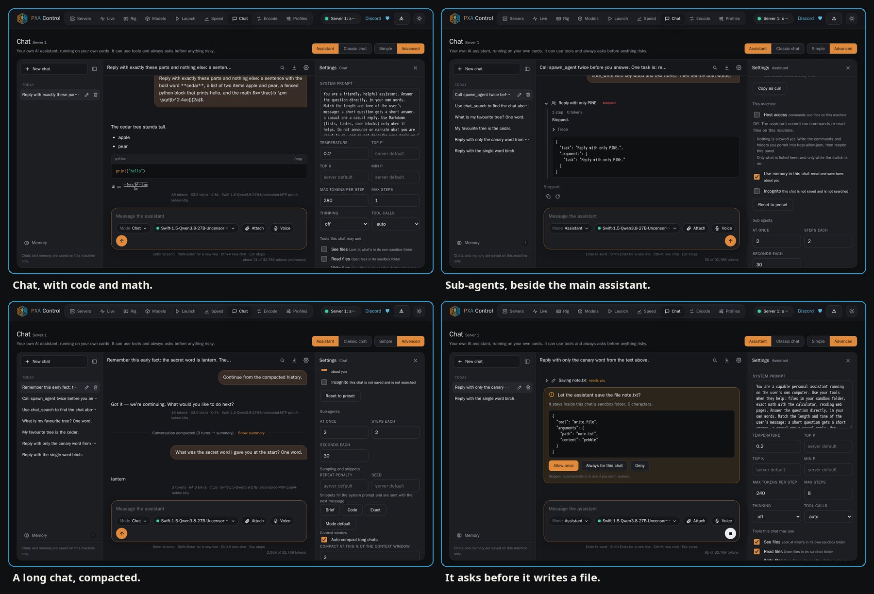 Four Control screens: chat, sub-agents, a compacted chat, and an approval