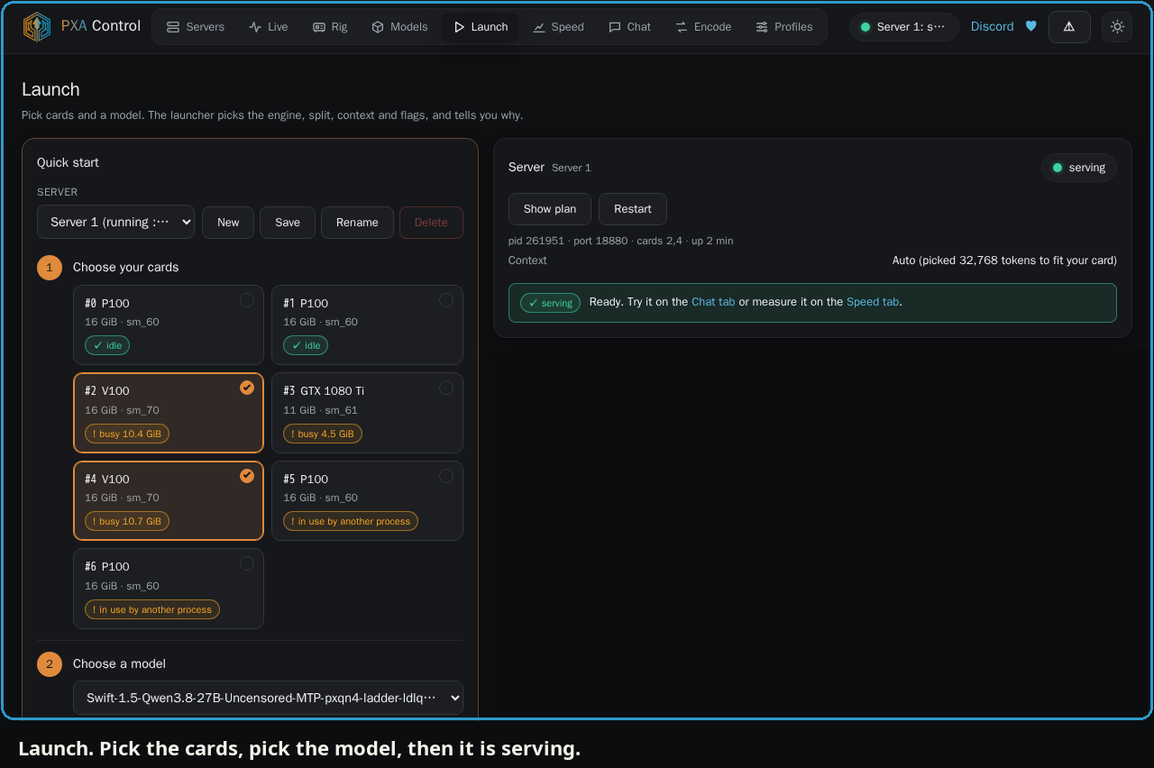 Launch page with cards selected and the server marked serving